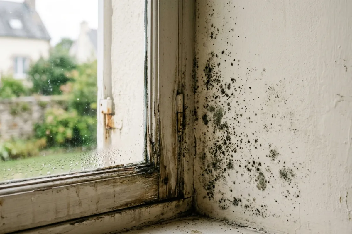 Moisissures dans l'angle d'une fenêtre, signe d'humidité à traiter