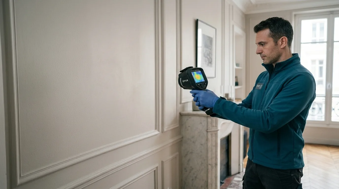 Technicien AquaExpert inspectant un mur à la caméra thermique dans un appartement parisien