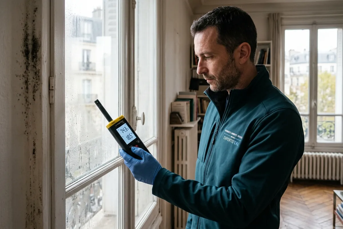 Mesure de l'humidité de l'air au thermo-hygromètre près d'une fenêtre à condensation, avec moisissures
