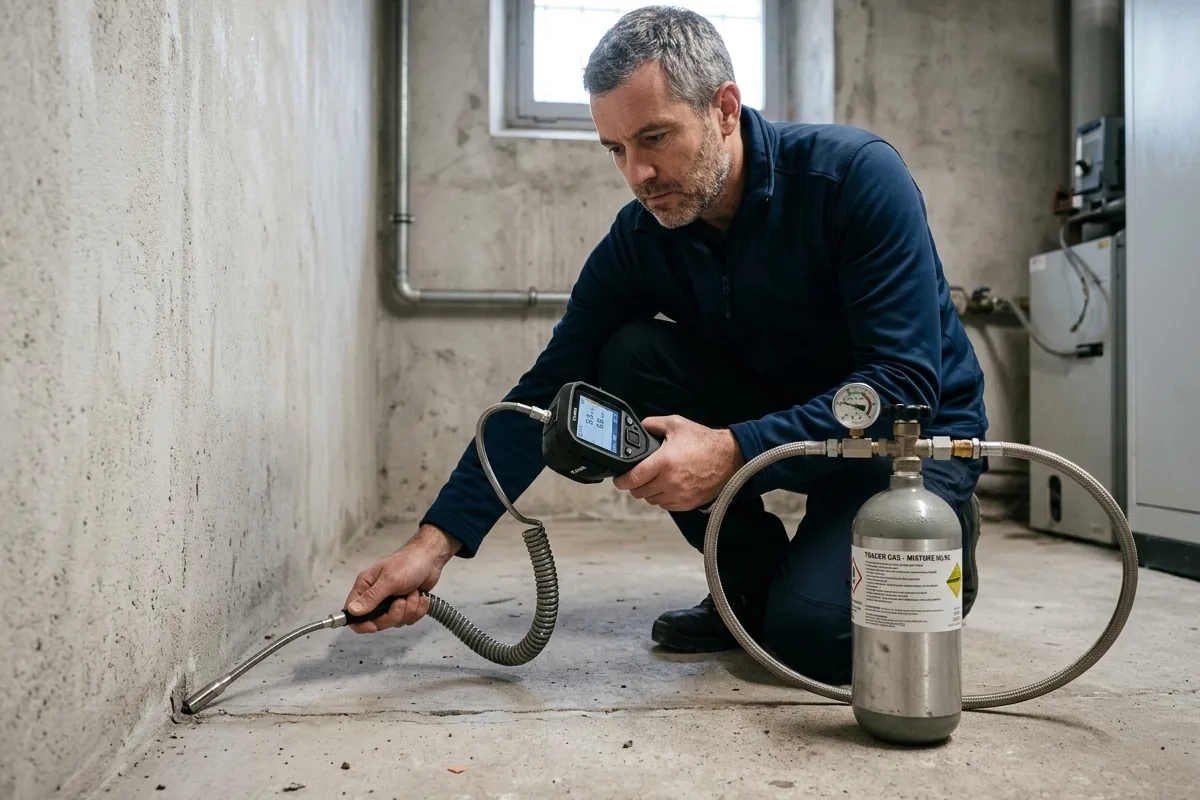 Recherche de fuite au gaz traceur : bouteille de gaz et sonde de détection