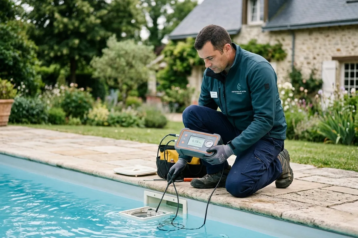 Technicien testant l'étanchéité d'une piscine résidentielle au manomètre, sonde plongée au skimmer