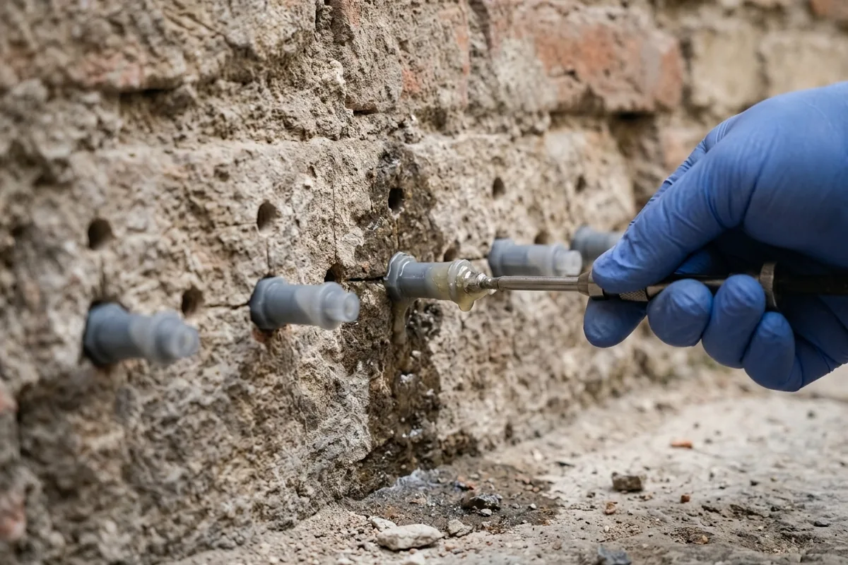 Injection de résine à la base d'un mur ancien contre les remontées capillaires