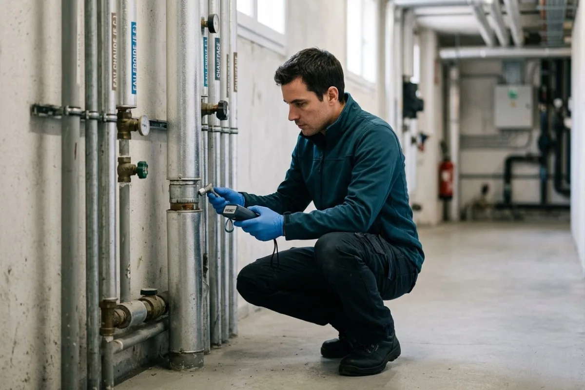 Technicien relevant une mesure sur les colonnes d'eau étiquetées d'un sous-sol d'immeuble